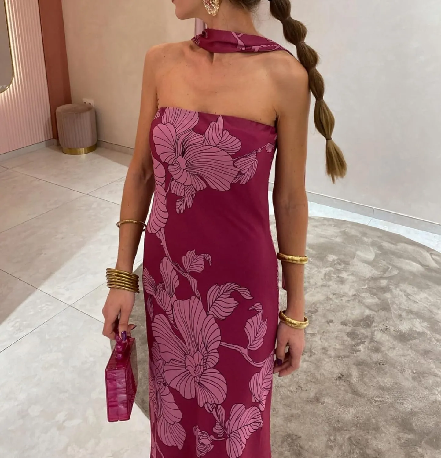 Women Y2K Floral Tube Long Dress Strapless Backless Bodycon Maxi Dress Summer Holiday Bandeau Dresses Beachwear