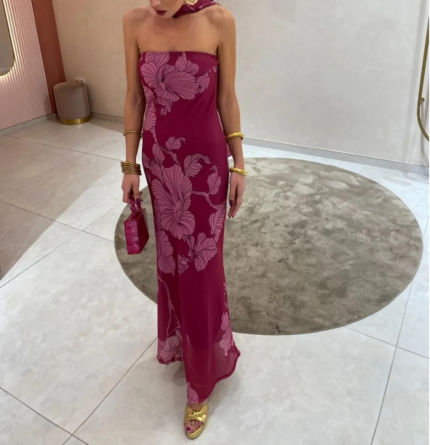 Women Y2K Floral Tube Long Dress Strapless Backless Bodycon Maxi Dress Summer Holiday Bandeau Dresses Beachwear