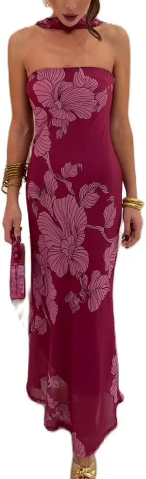 Women Y2K Floral Tube Long Dress Strapless Backless Bodycon Maxi Dress Summer Holiday Bandeau Dresses Beachwear