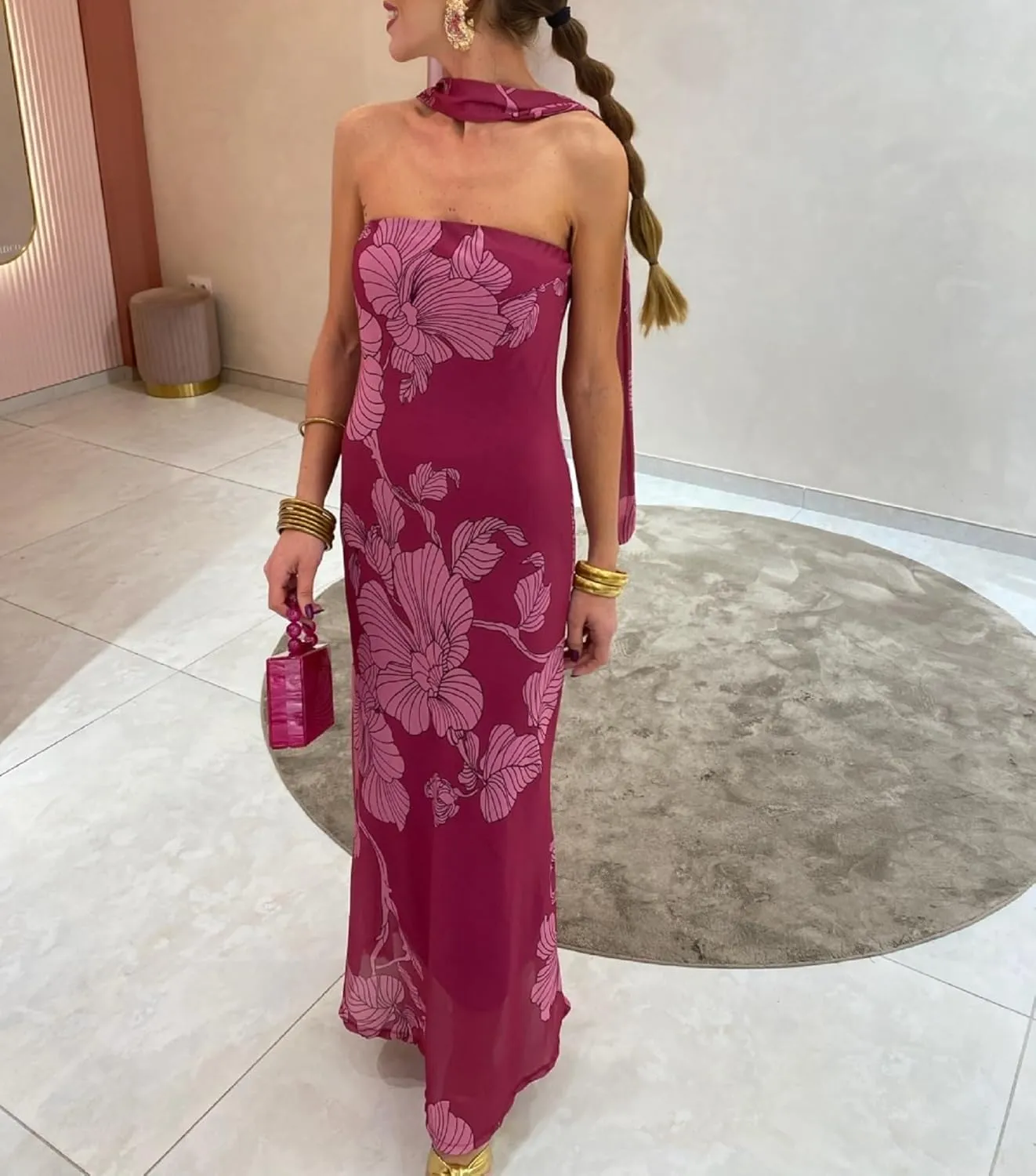 Women Y2K Floral Tube Long Dress Strapless Backless Bodycon Maxi Dress Summer Holiday Bandeau Dresses Beachwear