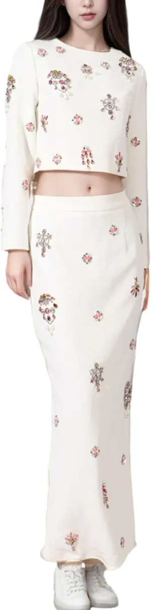 Women's 2025 Designer Pencil Skirt Suit Set Diamonds Beaded O-Neck Zip Cropped Tops Long Skirts Set 2pcs