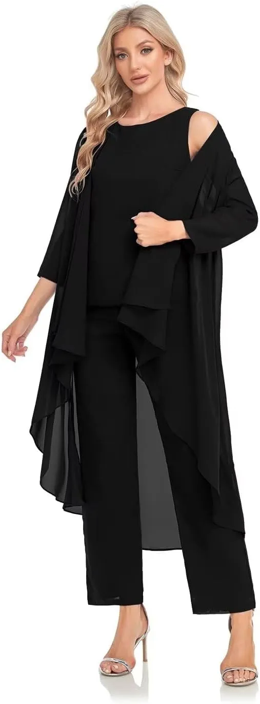 Women's 3 Pieces Chiffon Mother of The Bride Dress with Jacket Chiffon Formal Evening Dresses
