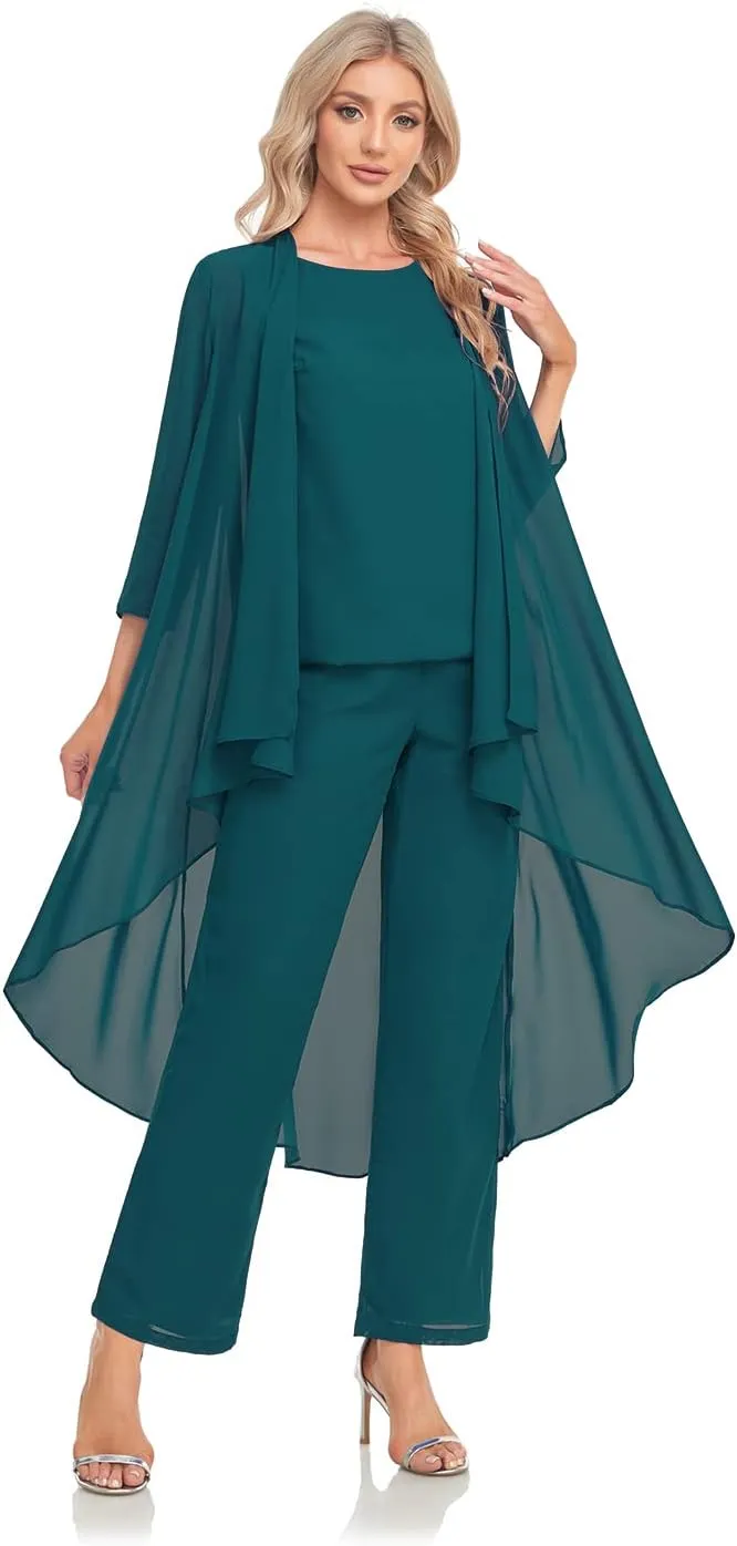 Women's 3 Pieces Chiffon Mother of The Bride Dress with Jacket Chiffon Formal Evening Dresses