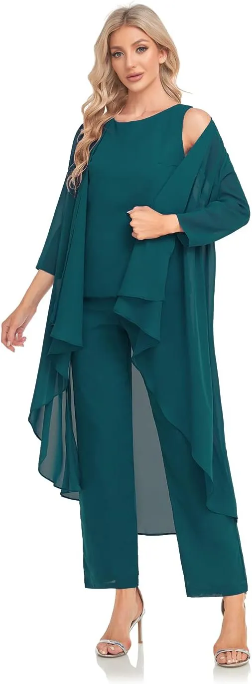 Women's 3 Pieces Chiffon Mother of The Bride Dress with Jacket Chiffon Formal Evening Dresses