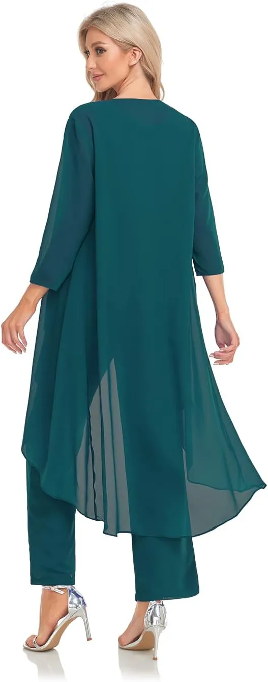 Women's 3 Pieces Chiffon Mother of The Bride Dress with Jacket Chiffon Formal Evening Dresses