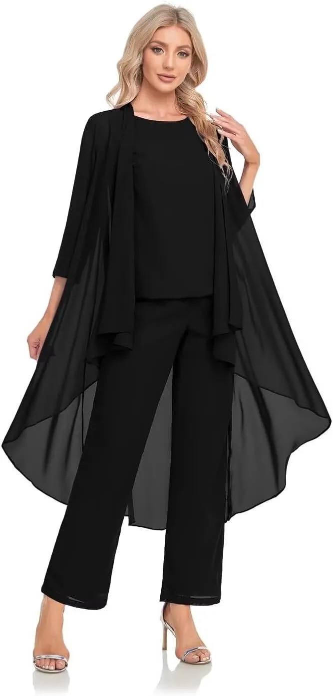 Women's 3 Pieces Chiffon Mother of The Bride Dress with Jacket Chiffon Formal Evening Dresses