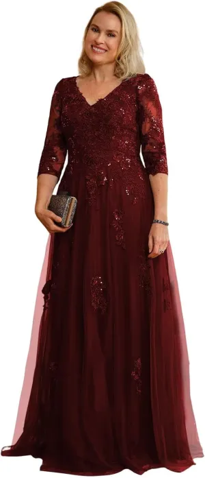 Women's 3/4 Sleeve Mother of The Bride Dresses 2025 Lace Applique Pleated Formal Party Dress DE222