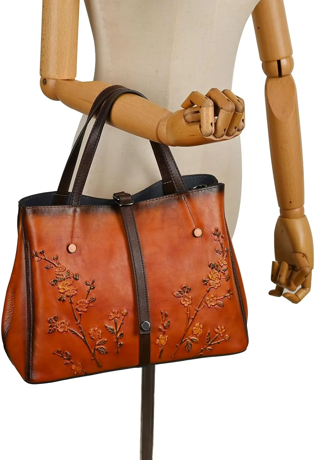 Women's Bag - Real Women's Leather Handbag - Handmade, Unique Embossed Cowhide, Floral Design, Vintage Tote