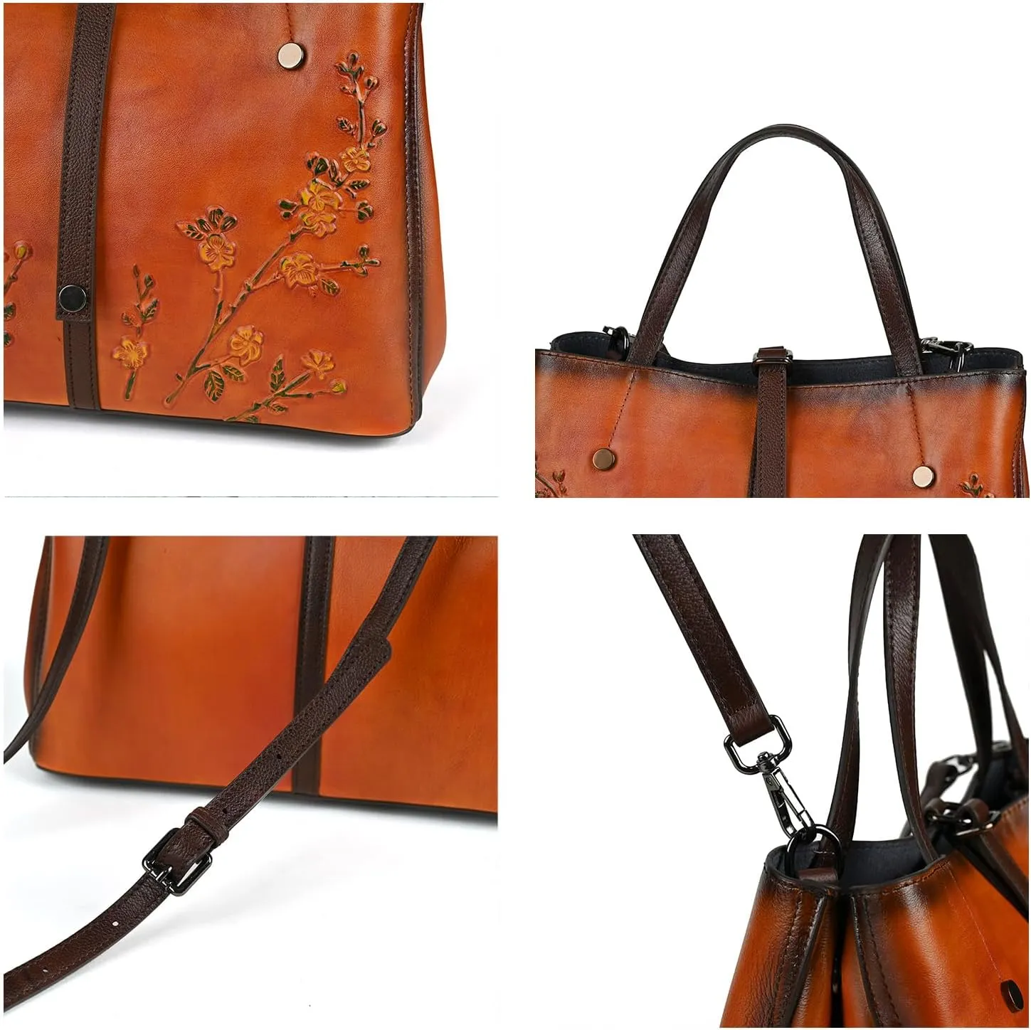 Women's Bag - Real Women's Leather Handbag - Handmade, Unique Embossed Cowhide, Floral Design, Vintage Tote