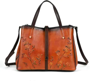 Women's Bag - Real Women's Leather Handbag - Handmade, Unique Embossed Cowhide, Floral Design, Vintage Tote