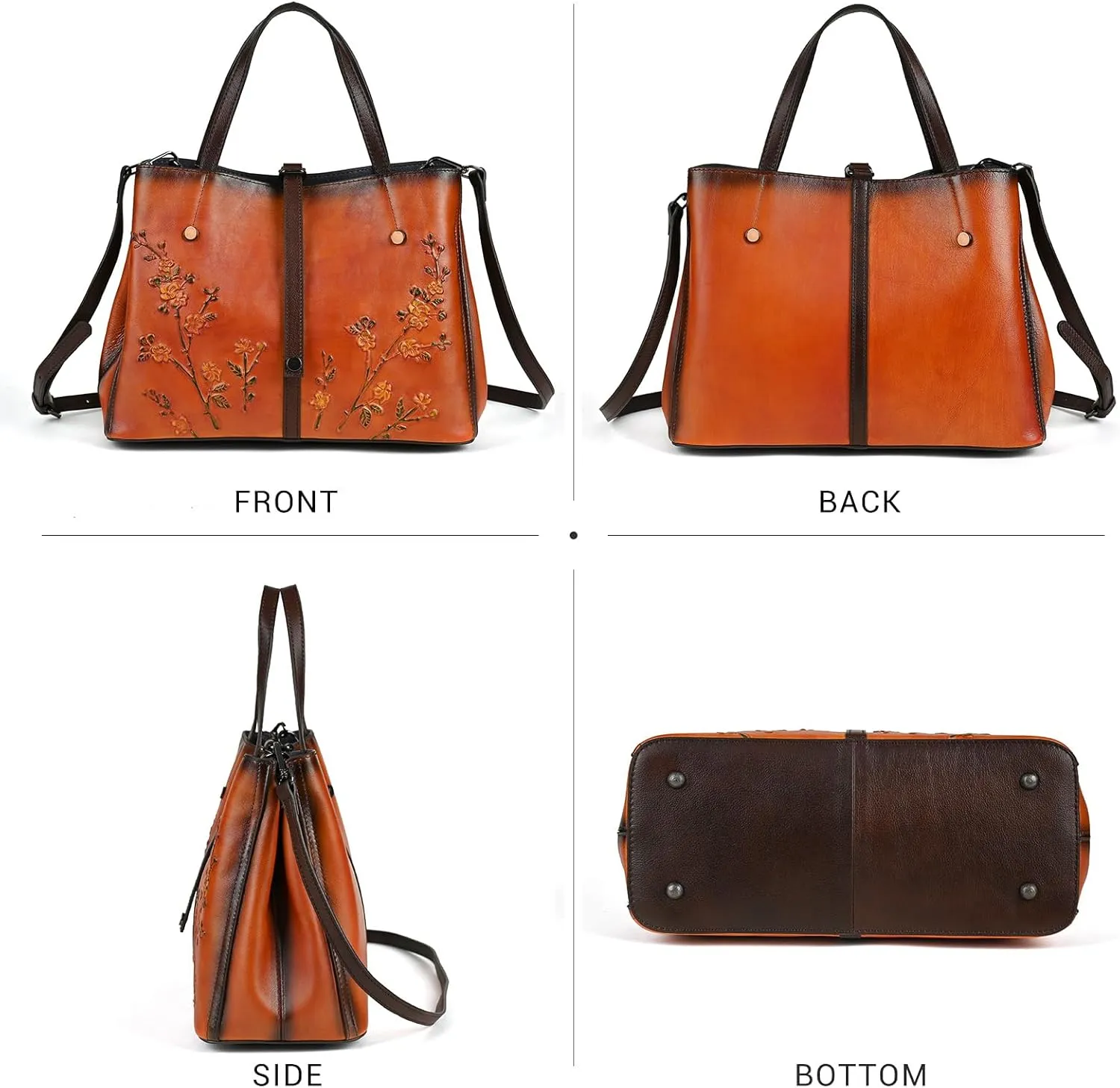 Women's Bag - Real Women's Leather Handbag - Handmade, Unique Embossed Cowhide, Floral Design, Vintage Tote