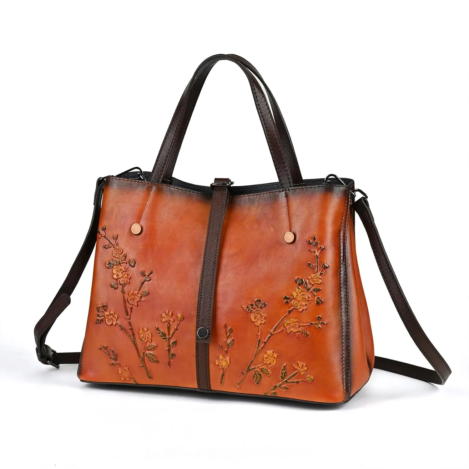 Women's Bag - Real Women's Leather Handbag - Handmade, Unique Embossed Cowhide, Floral Design, Vintage Tote