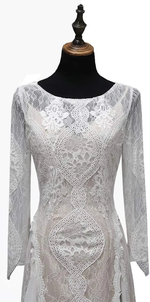 Women's Beach Wedding Dresses for Bride 2022 Vintage Long Sleeves Lace Bohemian Bridal Gown
