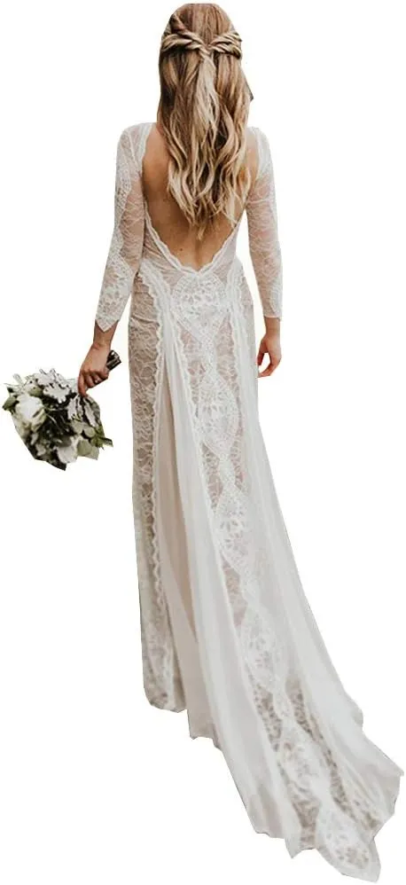 Women's Beach Wedding Dresses for Bride 2022 Vintage Long Sleeves Lace Bohemian Bridal Gown