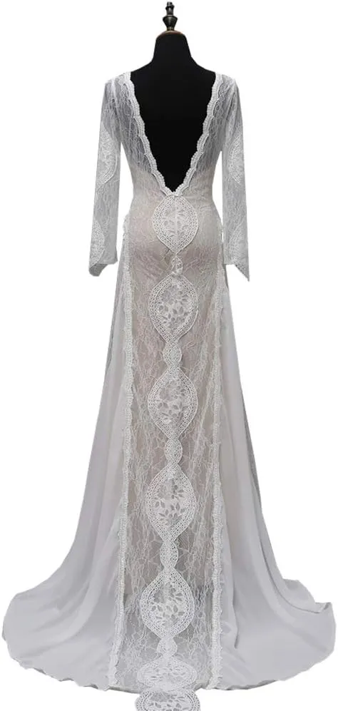 Women's Beach Wedding Dresses for Bride 2022 Vintage Long Sleeves Lace Bohemian Bridal Gown