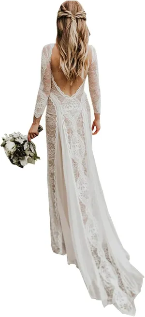 Women's Beach Wedding Dresses for Bride 2022 Vintage Long Sleeves Lace Bohemian Bridal Gown