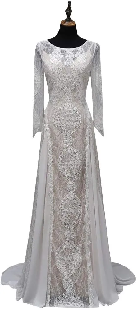 Women's Beach Wedding Dresses for Bride 2022 Vintage Long Sleeves Lace Bohemian Bridal Gown