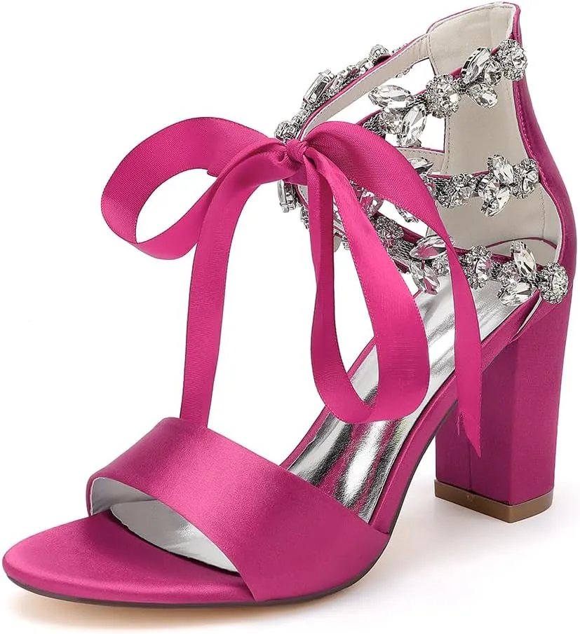 Women's Block Heel Wedding Sandals Rhinestones Open Toe Chunky Ribbon Bridal Shoes Prom Eveing Party Shoes