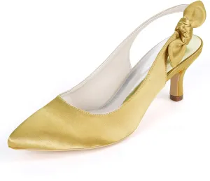 Women's Bridal Shoes Closed Toe 2.36" Kitten Heel Slingback Strap Bow Tie Pumps Satin Dress Shoes Wedding Shoes for The Bride