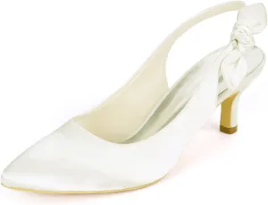 Women's Bridal Shoes Closed Toe 2.36" Kitten Heel Slingback Strap Bow Tie Pumps Satin Dress Shoes Wedding Shoes for The Bride