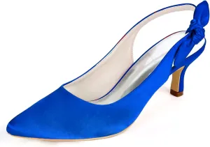 Women's Bridal Shoes Closed Toe 2.36" Kitten Heel Slingback Strap Bow Tie Pumps Satin Dress Shoes Wedding Shoes for The Bride