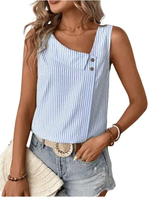 Women's Button Asymmetrical V Neck Striped Print Blouses Casual Sleeveless Tank Top Summer Shirt Tops