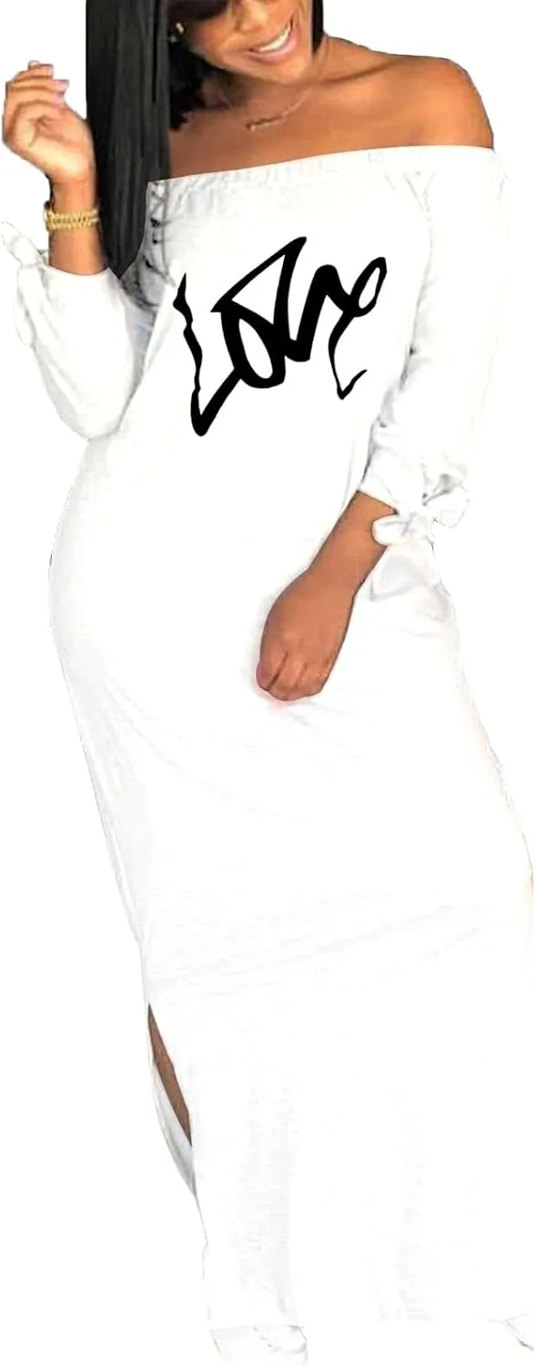 Women's Casual Off Shoulder Maxi Dress - African Print Summer Loose Long Sleeve Tunic T Shirt Dresses with Pockets