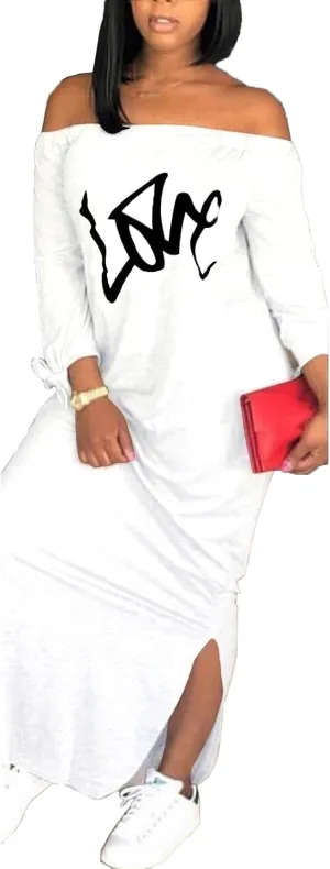 Women's Casual Off Shoulder Maxi Dress - African Print Summer Loose Long Sleeve Tunic T Shirt Dresses with Pockets