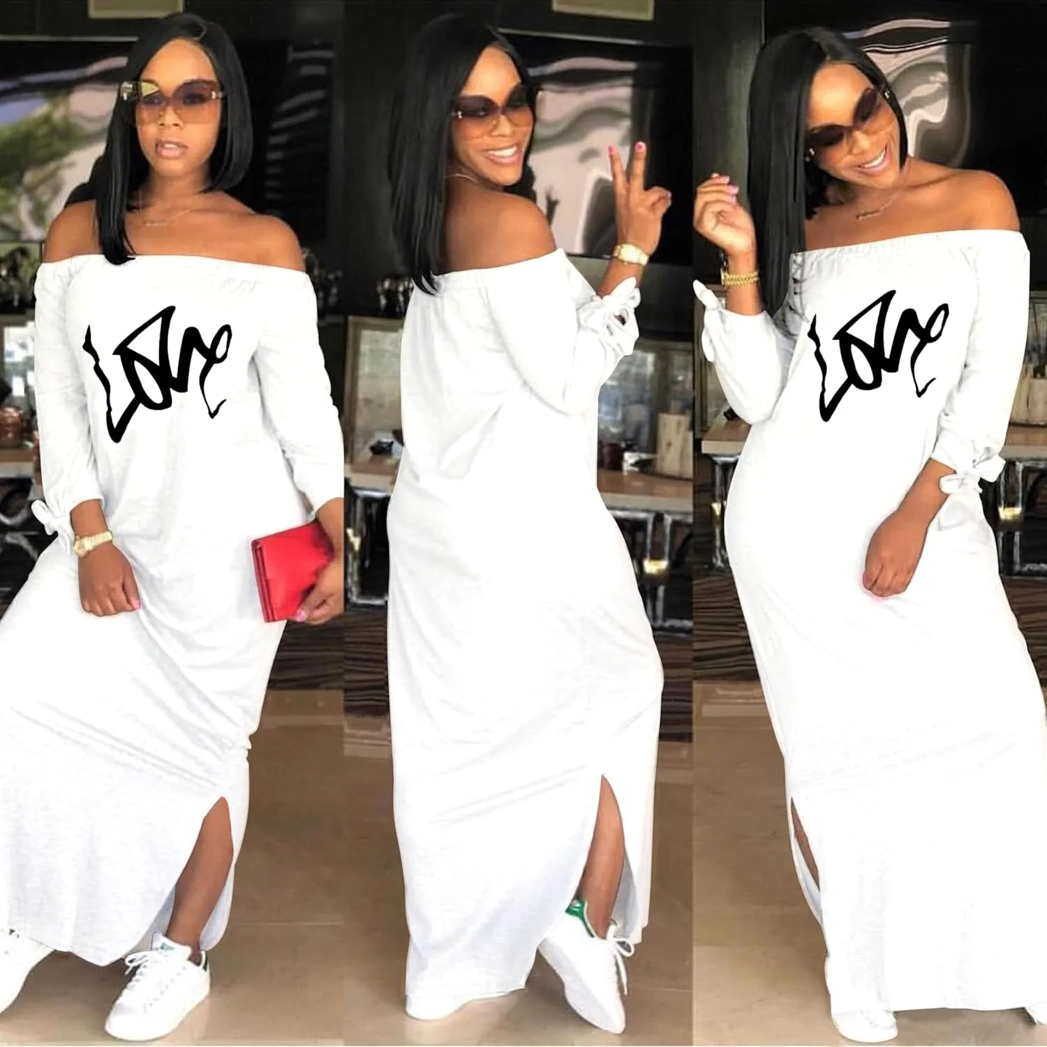 Women's Casual Off Shoulder Maxi Dress - African Print Summer Loose Long Sleeve Tunic T Shirt Dresses with Pockets