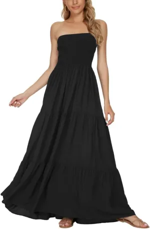 Women's Casual Off Shoulder Maxi Dress Strapless Tube Top Bohemian Beach Long Dresses 092