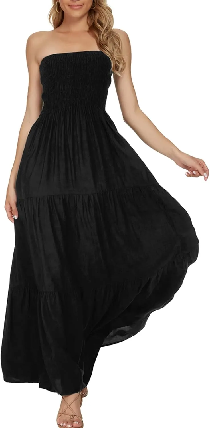 Women's Casual Off Shoulder Maxi Dress Strapless Tube Top Bohemian Beach Long Dresses 092