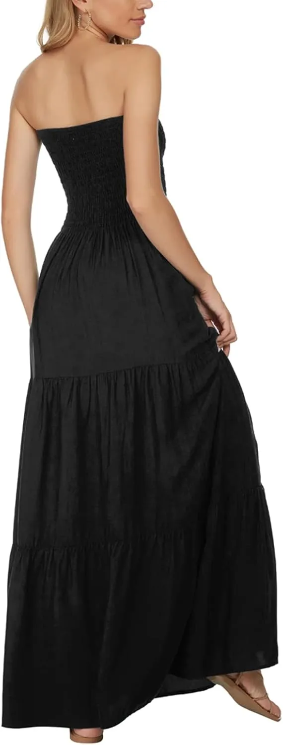 Women's Casual Off Shoulder Maxi Dress Strapless Tube Top Bohemian Beach Long Dresses 092