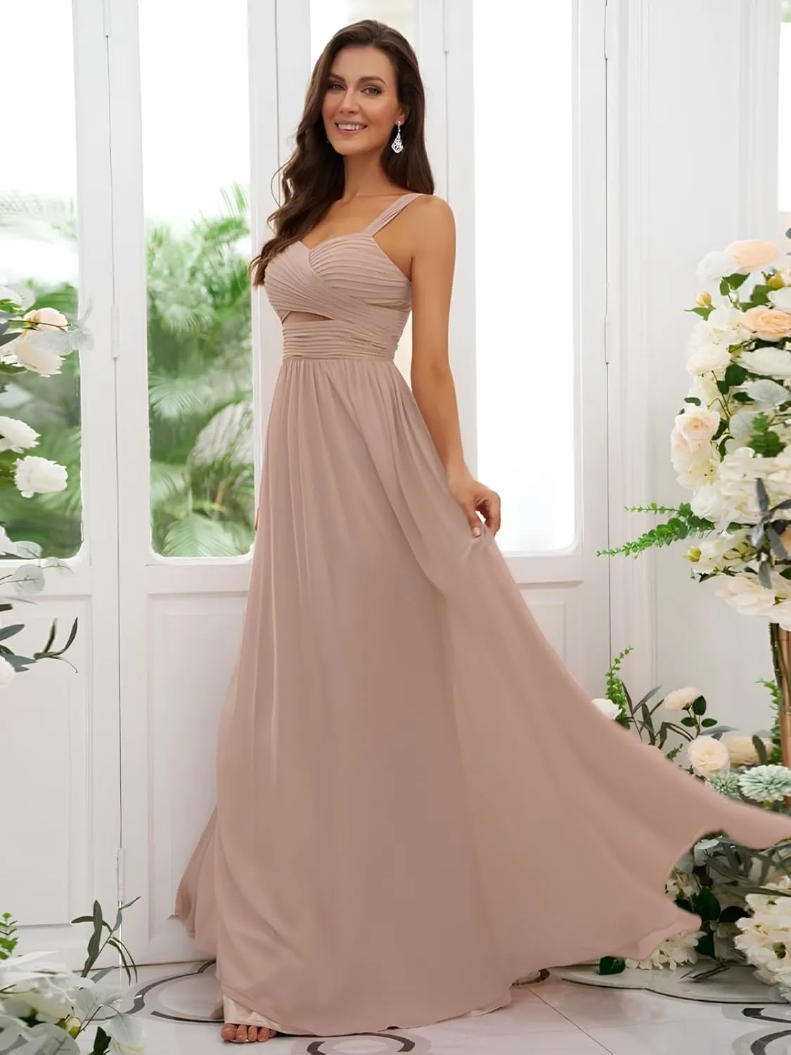 Women's Chiffon Bridesmaid Dresses for Wedding Long Pleated Cutout Formal Evening Dress