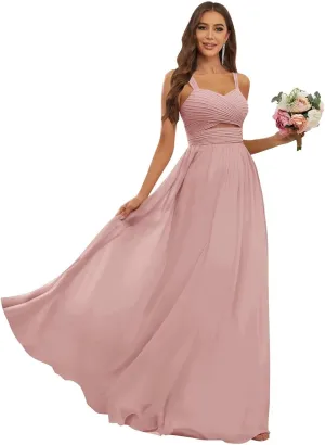 Women's Chiffon Bridesmaid Dresses for Wedding Long Pleated Cutout Formal Evening Dress