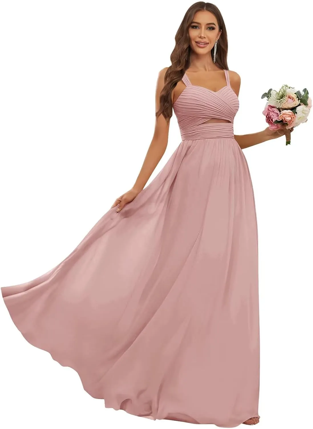 Women's Chiffon Bridesmaid Dresses for Wedding Long Pleated Cutout Formal Evening Dress