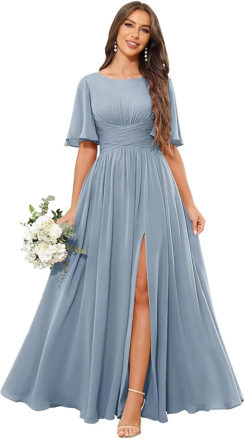 Women's Chiffon Bridesmaid Dresses with Slit Scoop Neck Flutter Sleeve Long Formal Wedding Guest Dress with Pockets