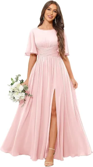 Women's Chiffon Bridesmaid Dresses with Slit Scoop Neck Flutter Sleeve Long Formal Wedding Guest Dress with Pockets