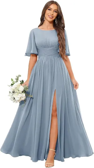 Women's Chiffon Bridesmaid Dresses with Slit Scoop Neck Flutter Sleeve Long Formal Wedding Guest Dress with Pockets