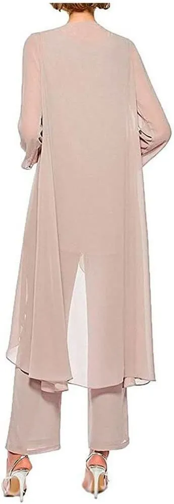 Women's Chiffon Pants Suits 3 Pieces Mother of The Bride Wedding Party Outfit Evening Dress