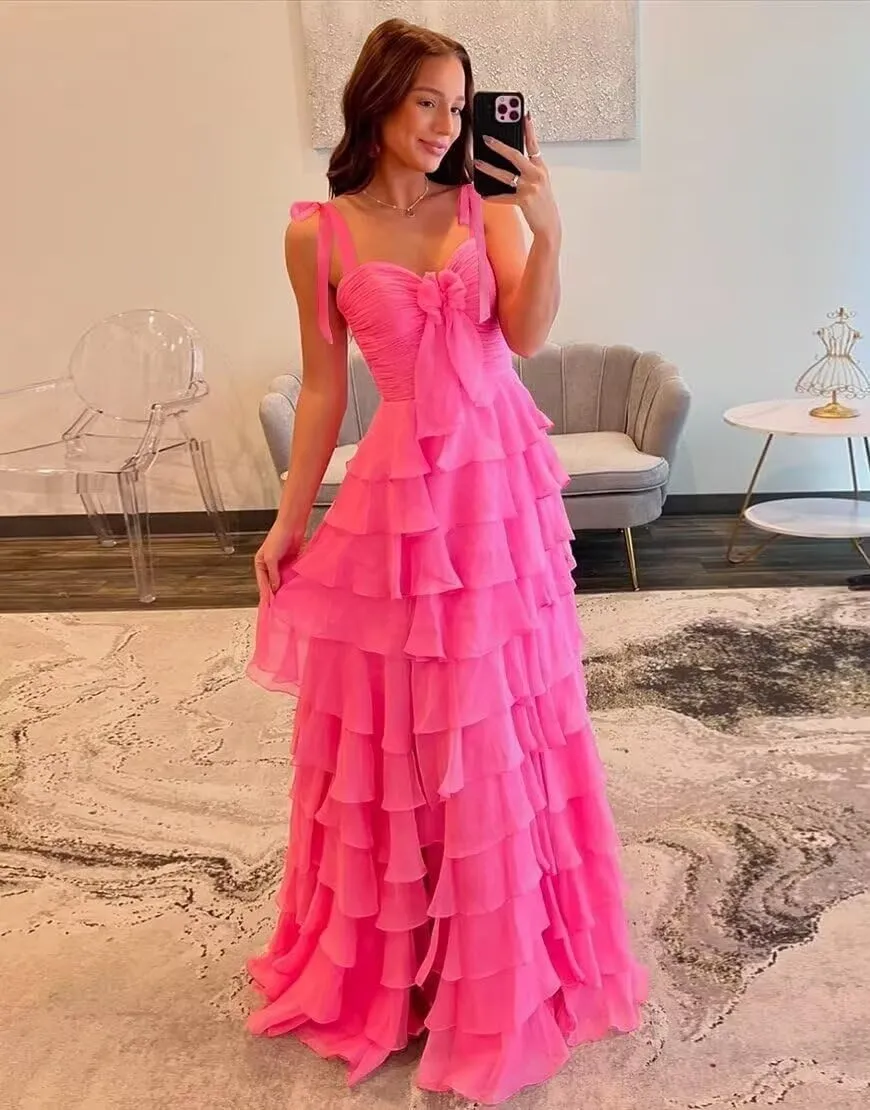 Women’s Chiffon Tiered Ruffles Prom Dresses 2025 Spaghetti Straps A-Line Long Formal Ball Gown with Slit