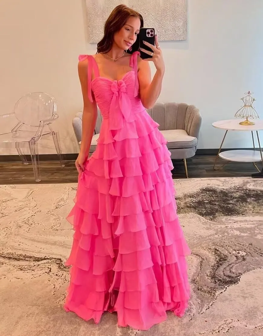 Women’s Chiffon Tiered Ruffles Prom Dresses 2025 Spaghetti Straps A-Line Long Formal Ball Gown with Slit