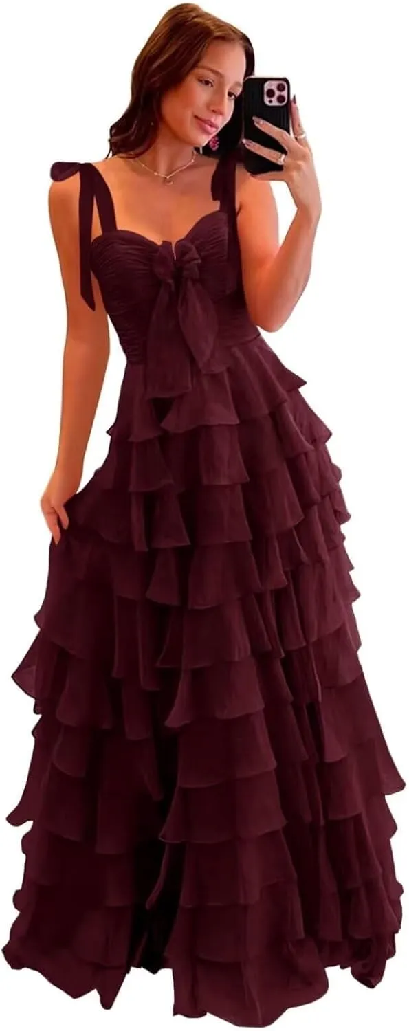 Women’s Chiffon Tiered Ruffles Prom Dresses 2025 Spaghetti Straps A-Line Long Formal Ball Gown with Slit