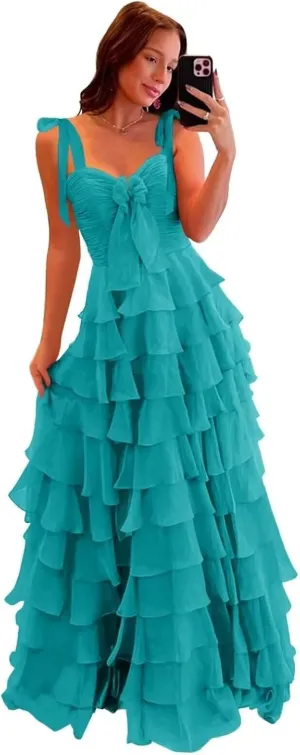 Women’s Chiffon Tiered Ruffles Prom Dresses 2025 Spaghetti Straps A-Line Long Formal Ball Gown with Slit