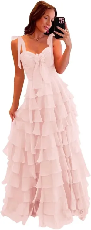 Women’s Chiffon Tiered Ruffles Prom Dresses 2025 Spaghetti Straps A-Line Long Formal Ball Gown with Slit