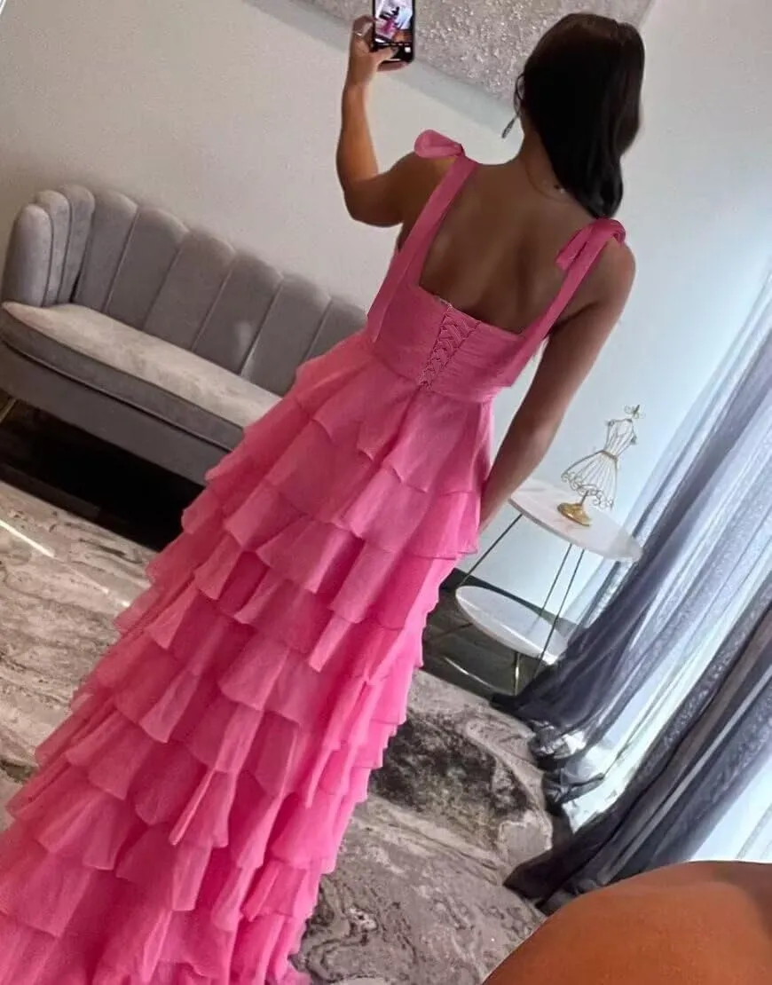 Women’s Chiffon Tiered Ruffles Prom Dresses 2025 Spaghetti Straps A-Line Long Formal Ball Gown with Slit