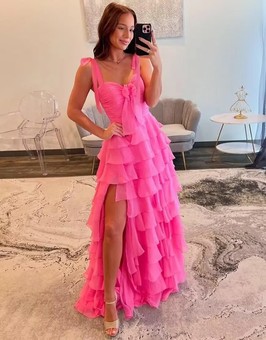 Women’s Chiffon Tiered Ruffles Prom Dresses 2025 Spaghetti Straps A-Line Long Formal Ball Gown with Slit
