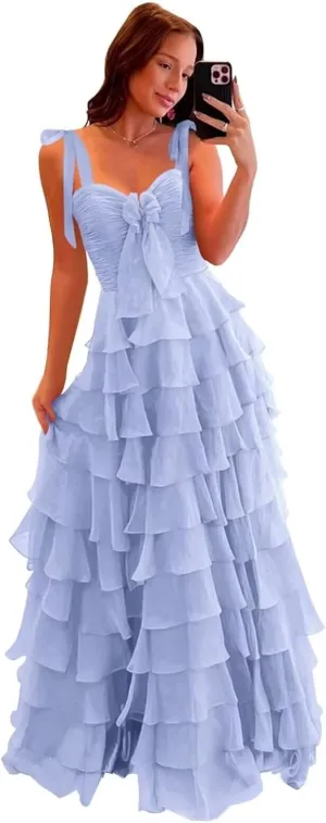 Women’s Chiffon Tiered Ruffles Prom Dresses 2025 Spaghetti Straps A-Line Long Formal Ball Gown with Slit