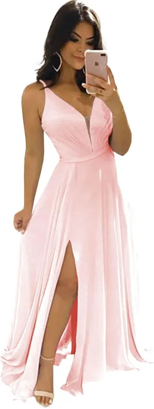 Women's Chiffon V Neck Bridesmaid Dresses Long with Slit Pleated Empire Waist Formal Dress with Pockets