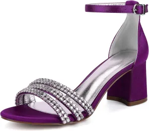 Women's Chunky Block Heel Sandals for Women Open Toe High Heel Satin Ankle Strap Bridal Shoes for Wedding