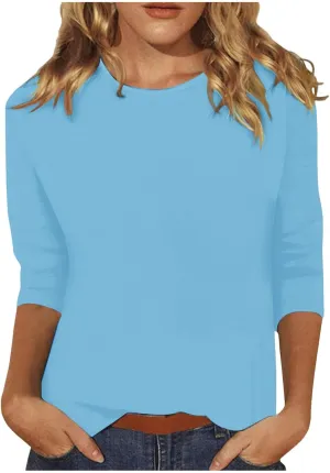 Womens Cotton Tops Casual Elbow Length Tee Shirts Round Neck Basic Tees Blouses Loose Fit Solid Color Tshirt Pullover